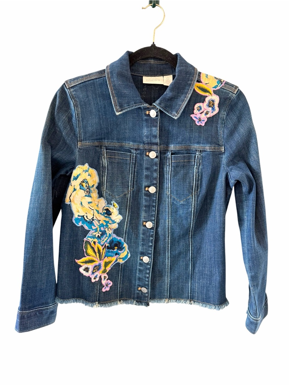 Chico’s Floral Embroidered Jean Denim Jacket Size 0 Small
